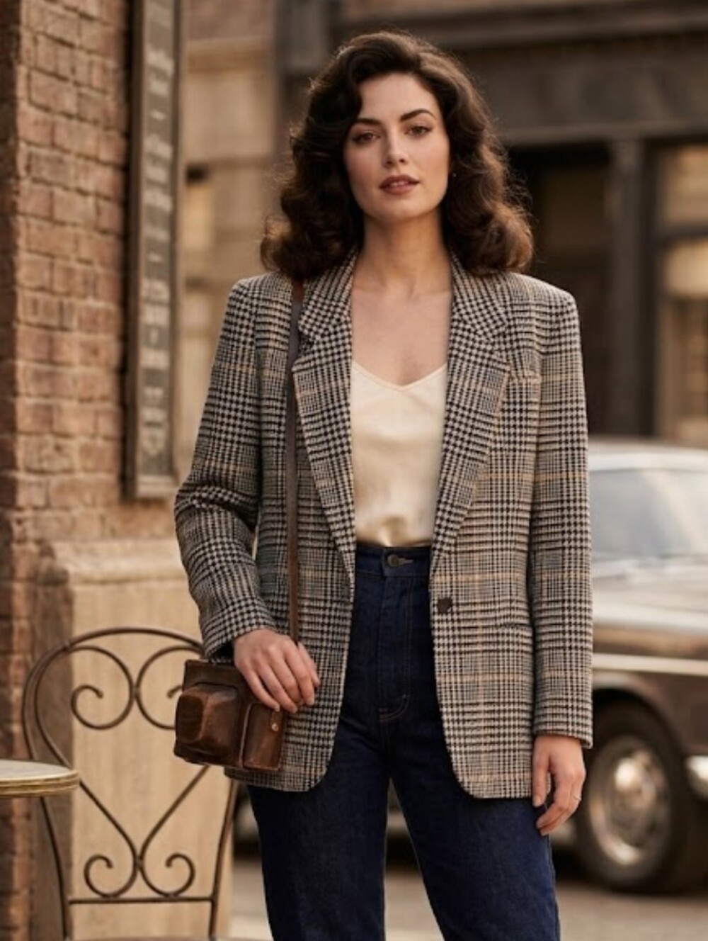 Pendleton Blazer Houndstooth One Button Virgin Wool Black Gold Vintage